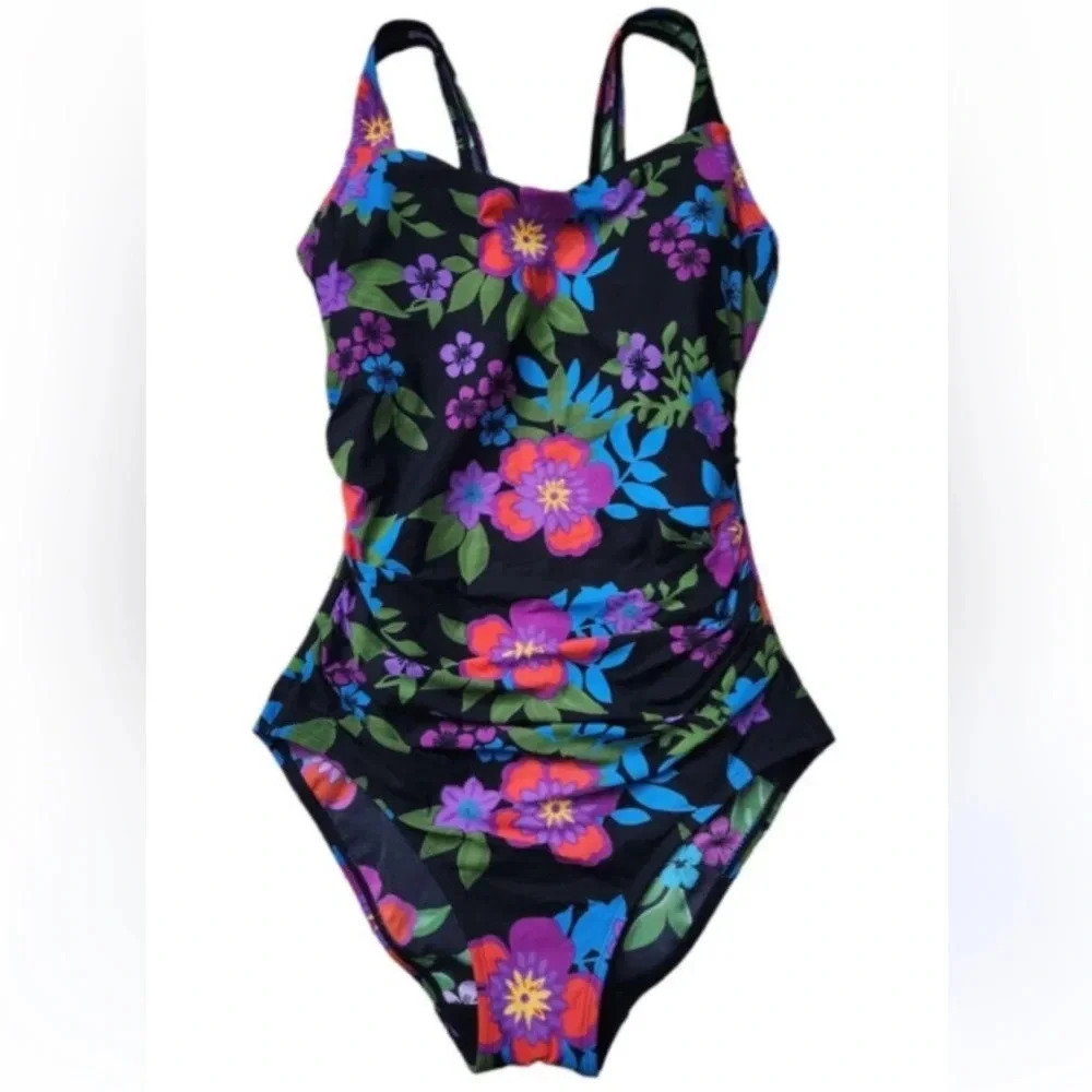 L.L. Bean Sunblocking Slimming One Piece Swimwear Floral UPF 40+ Size 16 NWT